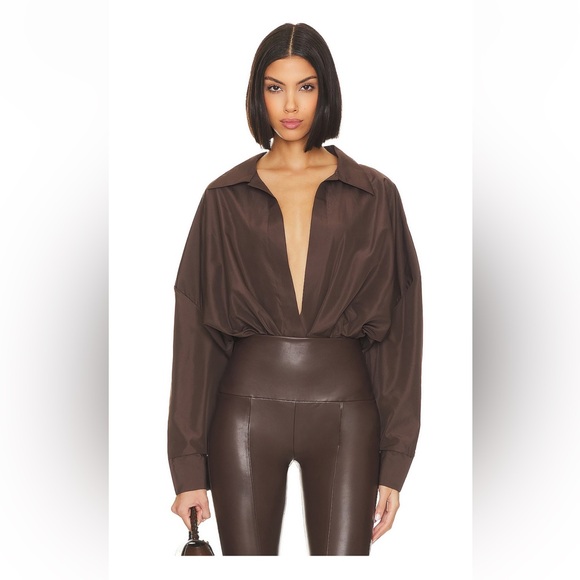 Norma Kamali Tops - Norma Kamali Deep V Balloon Sleeve Blouse in Chocolate Brown